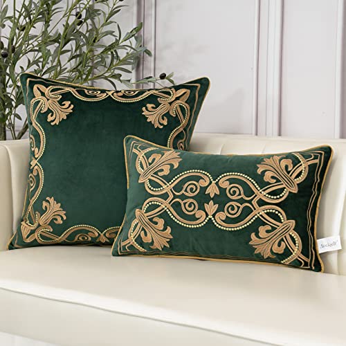 Aeckself European Luxury Velvet Throw Pillow Cover 18 x 18 Inch, Embroidery Floral Pillow Cover Home Decor Pillowcase for Couch Bedroom Living Room, Dark Emerald Green and Gold - color: Green, size: 18" x 18" (Pack of 1)