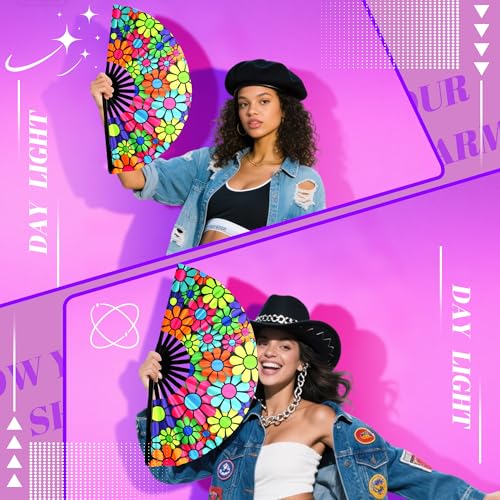 13 Inch Large Rave Fan & Clack Fan for Line Dancing - Folding Hand Fan with UV Glow for Boots on The Ground, Performance, Wedding, Party - Portable Handheld Fan for Women & Men - color: Cartoon Flowers*1
