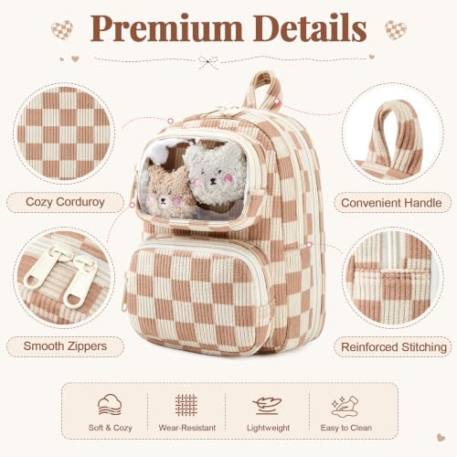 Cute Pencil Case, Soft Corduroy Pencil Pouch, Large Capacity Pencil Bag, Mini Backpack Aesthetic Pen Organizer for Stationery for Students Teen Girls Women, Khaki Checkered - color: Khaki Checkered