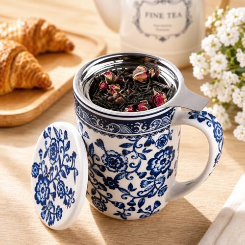 AmorArc Tea Cup With Infuser and Lid, 18oz Loose Leaf Tea Mug With Steeper - color: Peony