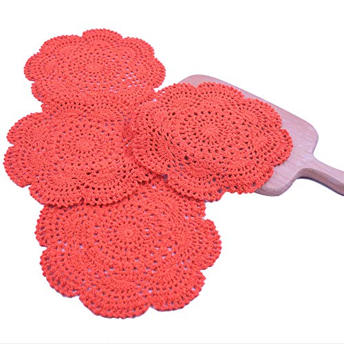 Phantomon 8 Inch Doilies Crochet Round Lace Doily Handmade Placemats 100% Cotton Crocheted Coasters, Pack of 4 (Orange) - color: Orange