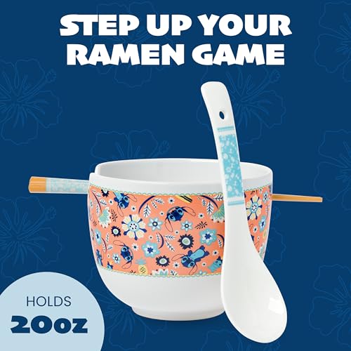 Silver Buffalo Lilo and Stitch Leaf, Ramen Bowl with Chopsticks, 20oz - color: Lilo and Stitch Flower and Leaves Pattern Spoon, size: 20 Ounces (With Spoon)