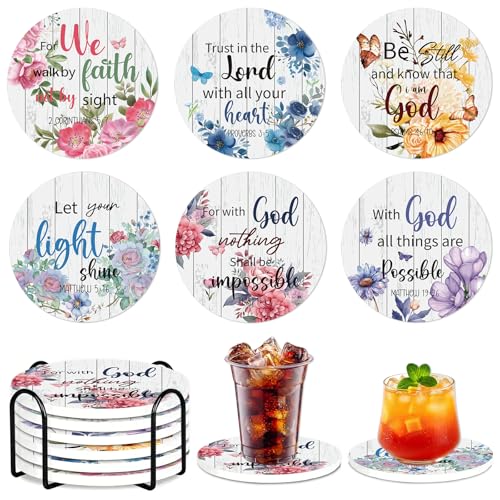 Christian Bible Verse Coasters Set of 6, Religious Round Ceramic Cup Coasters with Holder, Drink Absorbent Cork Base Table Desk Protection, Christian Home Decor Christmas Housewarming Gifts - color: Bible Verse Flower