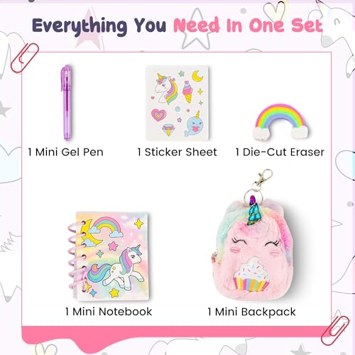 VOTUM Unicorn Keychain Charm for Backpacks, Purses, Handbags, Car Keys with Stationery Set - Includes Mini Notebook, Gel Pen, Eraser, Stickers - Portable & Fun Gift for Tweens Ages 8+ - style: Unicorn