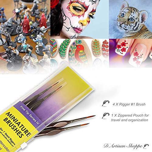 Rigger Brush Watercolor. Liner Brushes for Painting. Script Liner 4pc Size 1 Precision Set. Artist Pinstriping, Miniature Painting, and Fine Detail for Acrylic Painting - style: 4pc Rigger (Size 1)