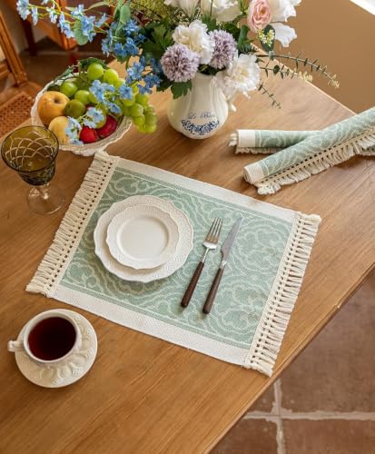 Boho Woven Placemats Set of 4, 14x18 Inch Heat Resistant Dinner Mats - color: Green Bx