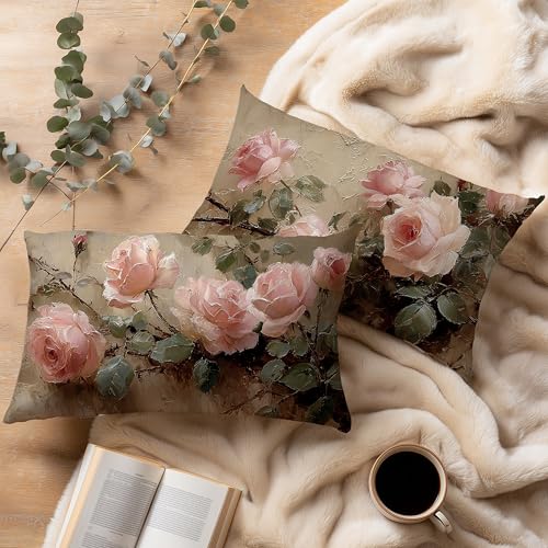 Vintage Pink Rose Floral Rectangle Pillow Throw Cover 20x12 Decor, Shabby Chic Rustic Cottagecore Decorative Throw Pillow Covers Double-Sided Set of 2 - color: A-rose-4, size: 20" x 12" (Pack of 1)
