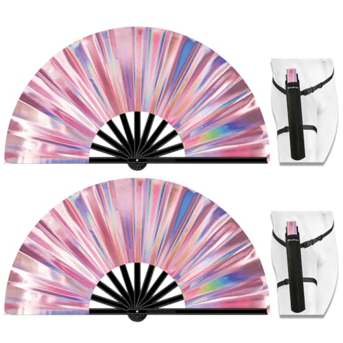 13" Large Folding Rave Fan with Holster, Clack Hand Fans Foldable for Line Dancing for Women Men Festival EDM Party Decoration, Holographic Pink 2 Pack - color: Holographic Pink