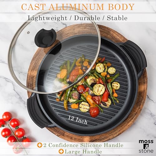 Moss & Stone 12" Grill Pan for Indoor Cooking, Nonstick Pan with Glass Lid - style: Round Indoor Grill Pan with Lid