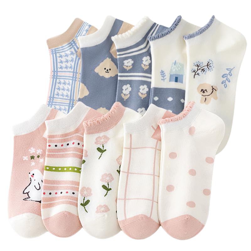 Cute Animals/Flowers Patterned Ankle Socks for Women - color: 10 Pairs-dog+bunny