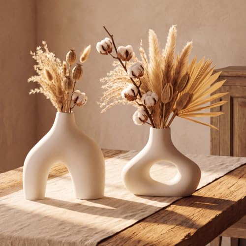 Patelai Set of 2 Mid Century Modern Home Decor Donut Vases, White - color: White