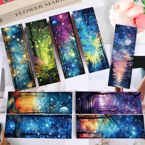 Wxiben Fantasy Forest Transparent Bookmark - 10 Pcs Starry Night Sky Transparent PVC Bookmark Moon Space Book Mark Page Clips Gifts for Women Men Book Lovers Teacher Bookish Reading Accessories - style: Fantasy Forest