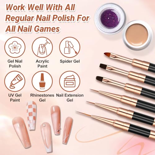 Double-Ended Acrylic Nail Art Liner Brushes, 6Pcs Gel Polish Nail Art Design Pen Painting Tools Set For Nails, Dotting Drawing Tool Polygel Brush for Long Lines, Thin Details, Fine Drawing (Black) - color: Black