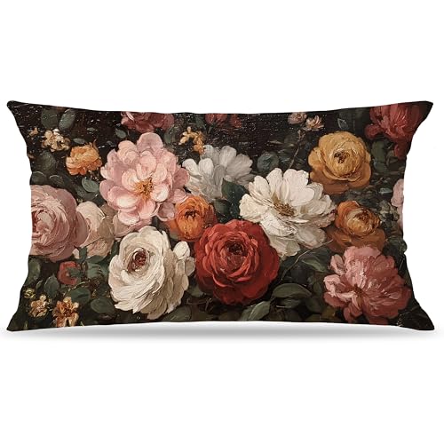 Vintage Moody Dark Floral Throw Pillow Covers 12x20,Rustic Farmhouse Decor,Dark Academia Flower Botanical Decorative Throw Pillow Covers for Home Bedroom Living Room Double-Sided - color: Floral-18, size: 20" x 12" (Pack of 1)