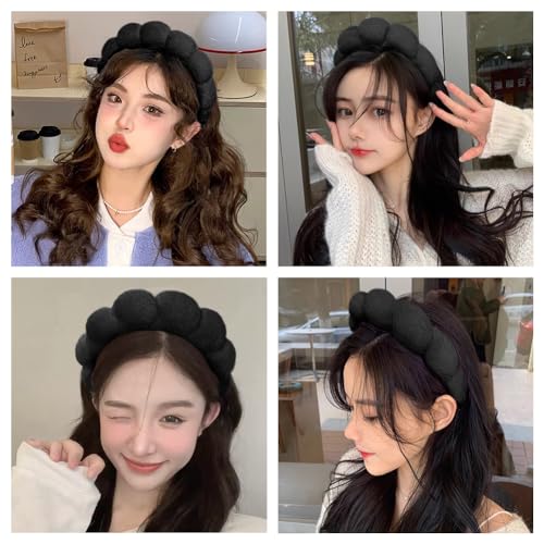 AOENJIE Spa Headbands for Washing Face or Makeup, Sponge Bubble Skincare Headbands, Puffy Terry Cloth Hairband for Women, Skin Care Makeup Headwear Hair Accessories for Girls(Black) - color: Black