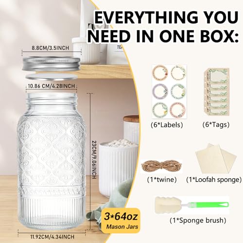 64oz Glass Mason Jars Wide Mouth 3-Pack with Airtight & Leakproof Lids - color: Clear01-64oz