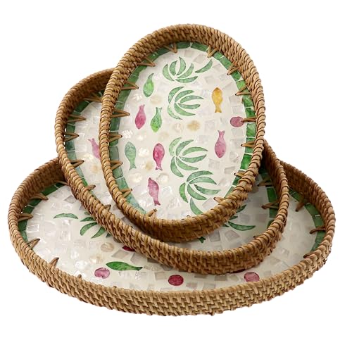 3 Pcs Oval Mother of Pearl Inlay Green Fish Decorative Rattan Serving Tray - color: Green Fish