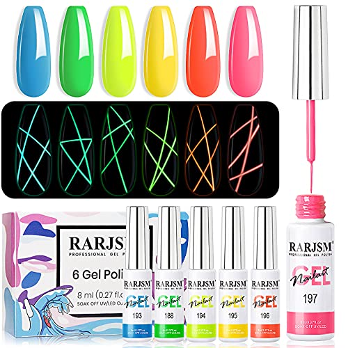 RARJSM Gel Nail Art Polish, Glow In The Dark Gel Liner Art Set Luminous Painting Gelpolish For NailArt Fluorescent Bright Colors Hot Pink Neon Yellow Green Blue Orange Nail Kit For Christmas - color: Neon