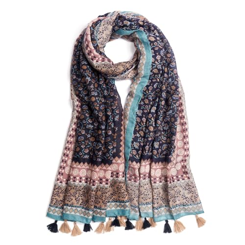 QIUTIMIY Scarf for Women Lightweight Soft Floral Leopard Printed Scarves Fall Winter Fashion Shawl Wrap with Fringe - color: Flower-brown Blue