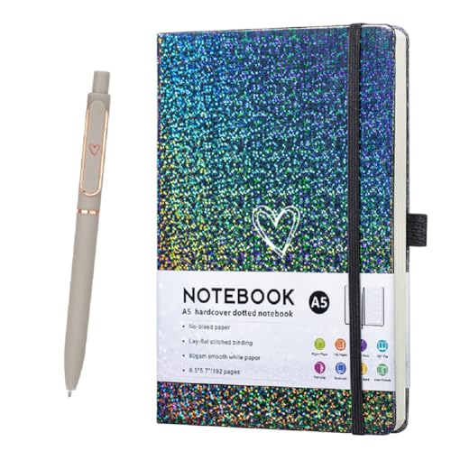 HJWKJUS Bling A5 Notebook with Pen, Lined Journal Notebook A5 Notepad for Girls Women,Cute Heart Pattern Design Glitter Laser Diary College Ruled Hardcover Notebook for Work, Note Taking, Business (Grey Black) - color: Grey Black