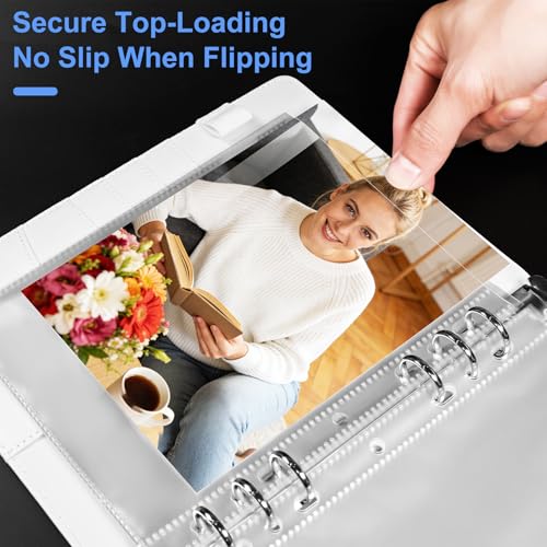 A5 PU Leather Photo Album with 60 Pockets, 5x7 Top Loading Double-Sided Sleeves, Adjustable 6 Ring Binder for Photos, Scrapbook & Keepsakes, White - color: White