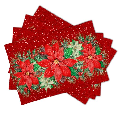 Red Poinsettias Placemats for Dining Table Set of 4, 12 x 18 Inch Red White Floral Xmas Tabletop Mats Red Rectangle Table Mat for Winter Holiday Party Kitchen Table Decor - color: Red Poinsettias