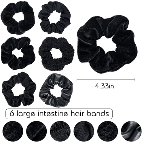 Scrunchies for Women Girls 6Pcs Black Velvet Scrunchies for Thick Hair Ultra Textured Soft Scrunchy Hair Ties Solid Elastic Hair Bands Fuzzy Ponytail Holders Cute Hair Accessories Holiday Gift - color: Black(A) 6PCS