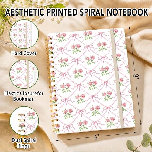 Pink Bow Lined Spiral Notebook, Pretty Hardcover Journal 6'' x 8.4'', Coquette Rose Notebook for Women, Writing, Journaling Gift - color: pink bow