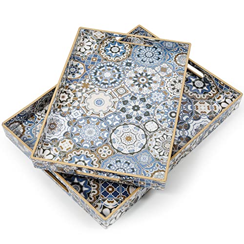 AGIOTA 2 Pcs Serving Tray with Handles Bohemian Decorative Tray Large Ottoman Trays for Living Room Blue Coffee Table Trays for Breakfast - color: Bohemian Blue 2pcs