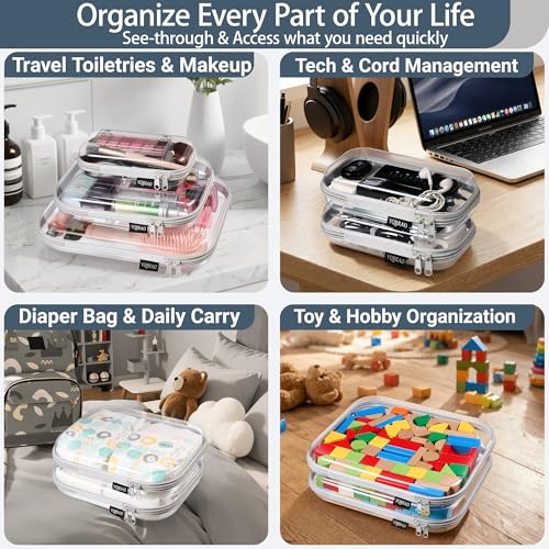 YQBRAO Clear Hard Shell Zipper Cases, 6 Multi-Size Organizers, Grey - color: Grey, size: 6 Pack (2L+2M+2S)
