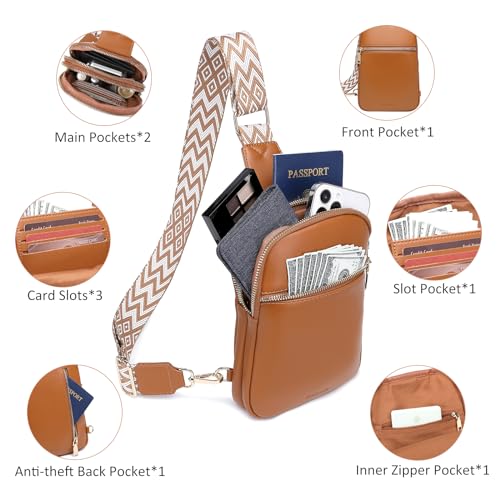 DIOMO Anti Theft Small Sling Bag for Women Cross Body Bag Trendy, RFID Fanny Packs Vegan Leather for Women Travel Belt Purse - color: Brown-Gold Zipper