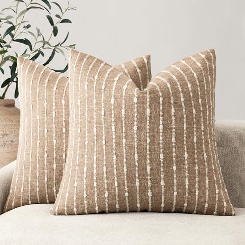 Foindtower Decorative Striped Boucle Throw Pillow Covers 18x18 Inch Camel - color: Camel, size: 18" x 18" (Pack of 2)