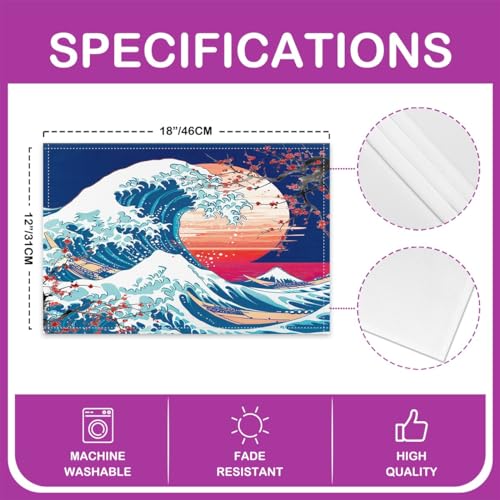 Feelyou Japanese Wave Placemats Set of 4 Cherry Blossoms Placemat for Kitchen Dining Table 18"x12" Fuji Mountain Home Decor Table Place Mats Red Sun Japanese Style Indoor Outdoor Decor Table Mats - color: Blue Red