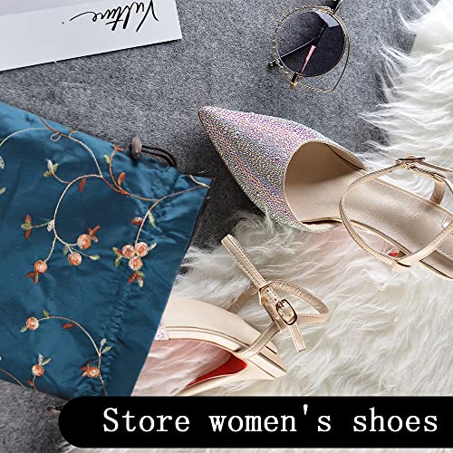Embroidery Silk Flower Shoe Bag 4Pcs Drawstring Silk Travel Bag Jacquard Underwear Bags Washable Big Sachet Bag Storage Bags for Men Women - color: Black, green, peacock blue, dark violet