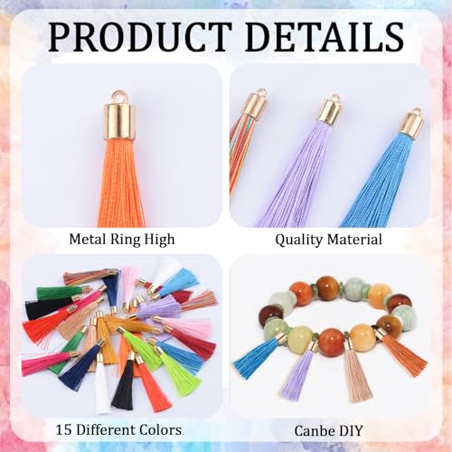 Mini Tassels Charm, 90pcs Metal Caps Mixed Color Mini Tiny Handmade Craft Tassels Charms for DIY Jewelry Necklace Making Accessories - color: 15 Colors-5.5cm