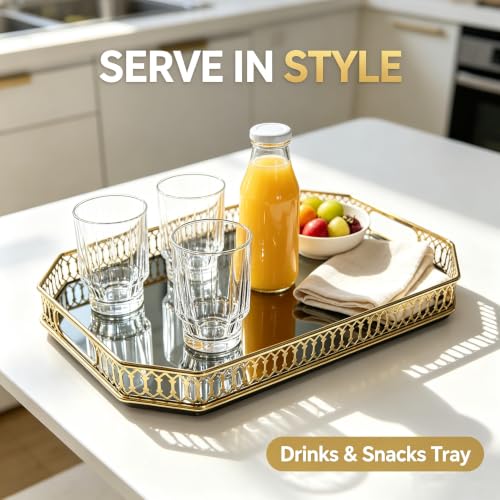 Gold Mirror Decorative Tray, Octagonal Metal Vanity Tray with Tempered Glass Base, 13.78”×9.84”×1.97”, Luxury Perfume Jewelry Organizer Tray for Dresser, Bathroom, Coffee Table - size: 13.8" x 9.8" x 2"