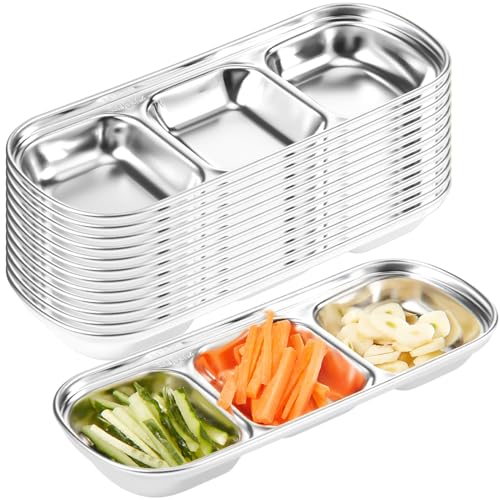 Maxcheck 12 Pcs Soy Sauce Dish Stainless Steel Divided Dip Bowls Korean 3 Compartment Sauce Plate Seasoning Dipping Condiment Tray for BBQ Vinegar Spice Salt Sugar Flavor Home Restaurant (Silver) - color: Silver