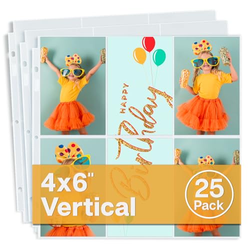 Dunwell 12x12 Scrapbook Page Protectors, 4x6 Photo Sleeves for 3 Ring Binder, 25-Pack Vertical Photo Album Refill Pages, Holds 300 Pictures, 13-1/8" x 12-5/8", Fits 12x12 3-Ring & D-Ring Albums - size: 25 Pack, style: 4x6" Vertical