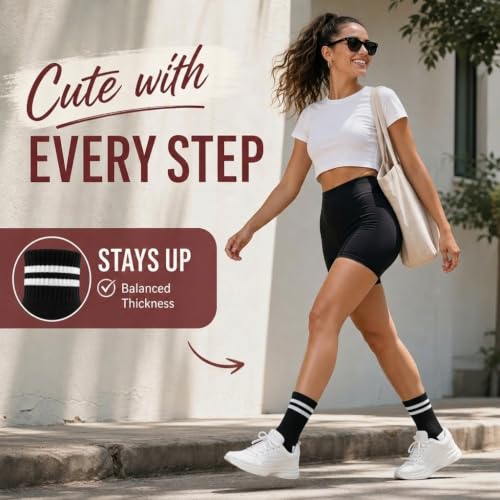 Forever Bambe Mini Crew Socks for Women 4-Pack Cushioned Bottom Retro Striped Socks - Athletic Women's Short Calf Sock - color: 4 - Black