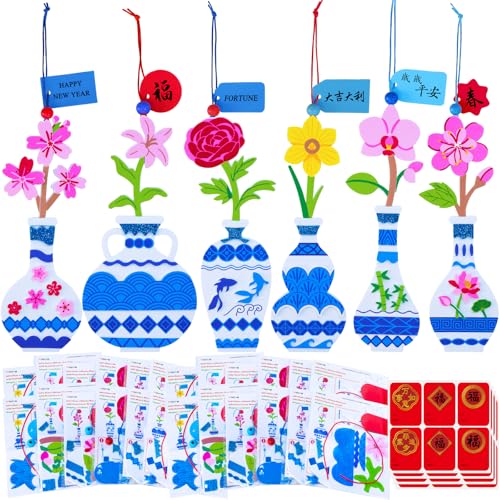 Winlyn 24 Sets Chinese New Year Decorations DIY Ming Vase with Flower Ornaments Craft Kits Peony Orchid Flower Foam Stickers Arts and Crafts for Kids Asian Oriental Classroom Activities Party Favors
