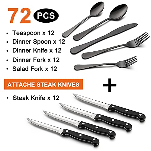 LIANYU 72-Piece Black Silverware Set with Steak Knives for 12, Stainless Steel Flatware Cutlery Set, Mirror Finish Tableware, Dishwasher Safe - color: Black