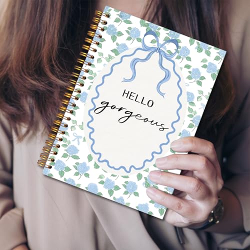 JINYO Hello Gorgeous Hydrangea Floral Notebook, Coquette Blue Bow Notebooks for Note Taking, Preppy Blue Journals for Writing, Girly Aesthetic Floral Spiral Notebook 5.5x8.3 Inch - color: white