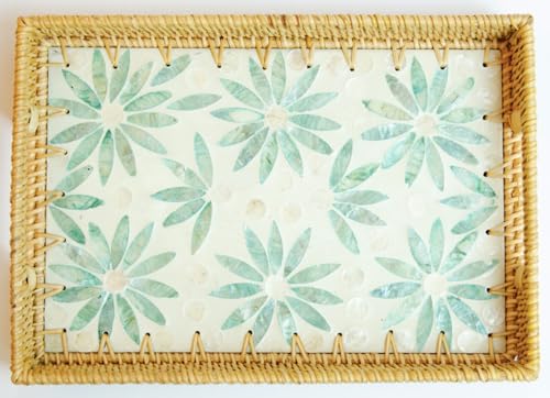 Magenta & Teal Decorative Rectangle Rattan Serving Tray 13x9 inch Mother of Pearl Inlay, Wicker Coffee Table Decor, Farmhouse (Light Blue Flower Pink) - color: Light Blue Flower Pink