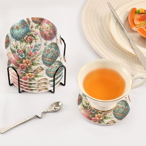Watercolor Vintage Easter Drink Coasters Set - 6 Pcs Minimalist Woven Coasters with Holder for Home Decor, 3.94 Inch Absorbent Coasters for Drinks - color: D30
