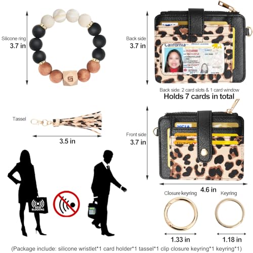 COOLANS Silicone Bracelet Wristlet Wallet Credit Card Holder RFID ID Window Key Ring Tassel Slim Wallet Women Keychain Purse - color: Black Leopard