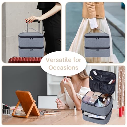 Double Layer Makeup Bag with Adjustable Dividers,Gray - color: Grey