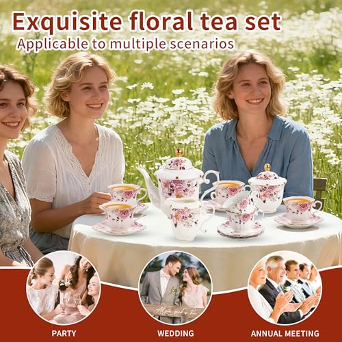 TATSUMI Country Roses Porcelain Tea Set, European Ceramic tea set for adults,Vintage Style, For Women and Tea Parties (Chocolate Red, 21 Pieces Set) - color: Chocolate Red, size: 21 Pieces Set