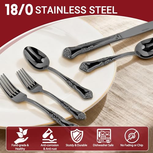 Silverware Set,Stainless Steel Flatware Cutlery Set with Floral Handles,Included Knife Spoon and Fork, Mirror Polished Cutlery Utensil Sets for Home Kitchen Restaurant Wedding, Party - color: Black, size: 20 pieces for 4