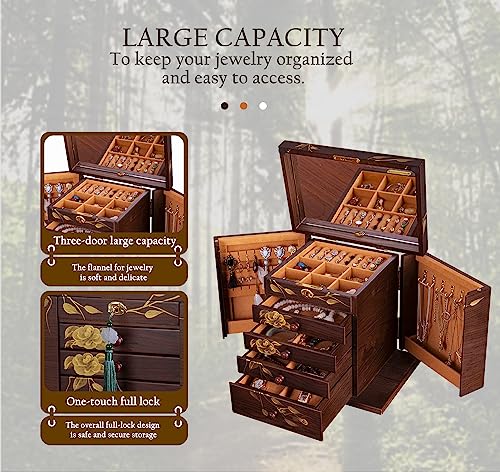 Wooden Jewelry Box for Women, 5-Layer Large Lock with Drawers - color: Brown（L）