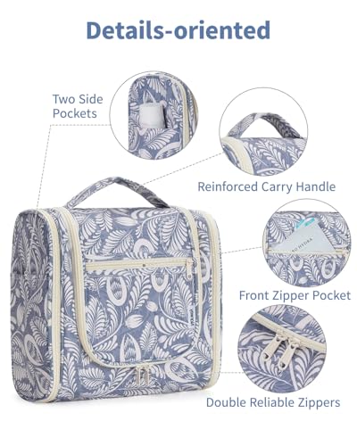 Narwey Large Hanging Travel Toiletry Bag for Women, Makeup Cosmetic Bag - color: B-Blue Leaf, size: Large